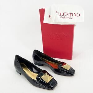 Valentino Black Patent Leather One Stud Square Toe Ballet Flat size EU 38